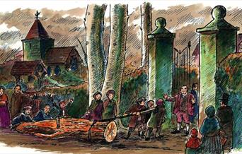 Illustration of people dragging a large log to the gates to a large house