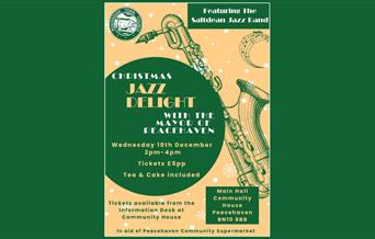 Poster featuring green saxaphone to promote jazz night