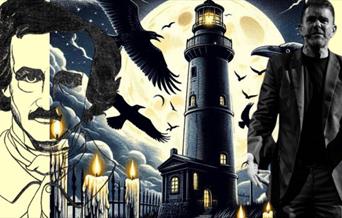 Combined image featuring author, candles, birds in the sky, lighthouse and narrator