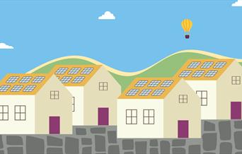 Illustration of houses with hillside and hot air balloon