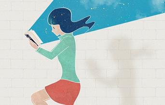 Illustration of girl reading with pages lighting up night sky