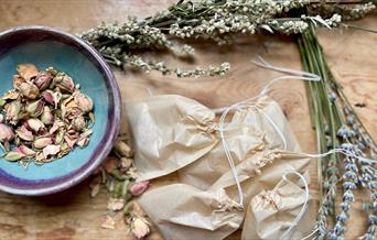 Ingredients for tea making workshop - lavender, rose buds and hand made tea bags