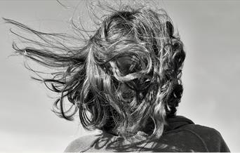 A figure's hair blowing in the breeze