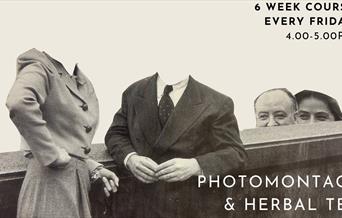 Black and white photo showing 2 headless figures, with heads peeping over a wall behind to demonstrate photomontage
