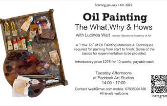 Poster with information re course - featuring photo of oil paints and pallett