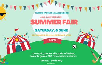 Poster for summer fair featuring tents, sports equipment and balloons
