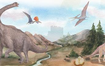 Painting depicting dinosaurs in front of a castle