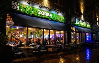 Restaurant front at night