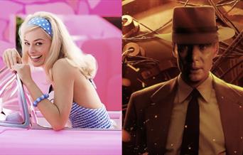 Stills from Barbie and Oppenheimer films