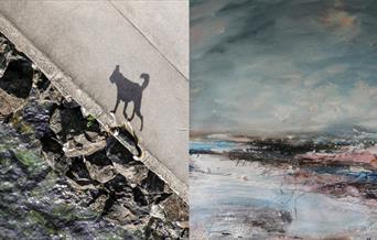 Image of a dogs shadow on coastal path and painting of rough sea and skies