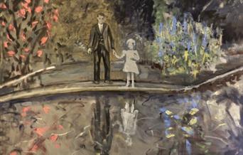 Oil painting of figures by a lake