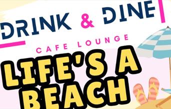Drink and dine beach illustration with fliplops and beach umbrella