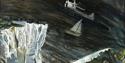 Painting - yacht and ship in dark sea at base of white cliffs