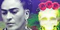 Black and white image of Frida Kahlo with a skull