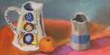 Still life painting featuring jugs and an orange