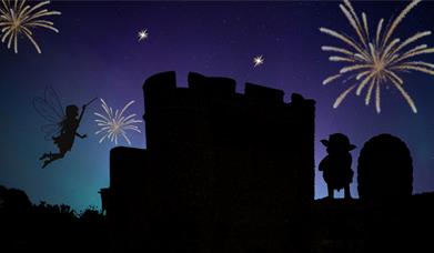 Silhouette or castle with fairy and goblin and fireworks