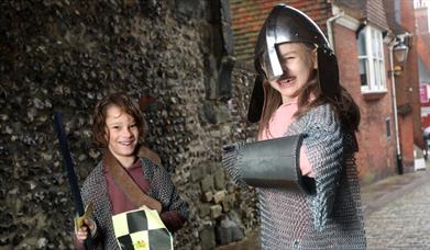 Children dressed in chain mail at Lewes Castle
