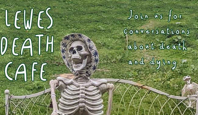 Skeleton sitting on a garden bench