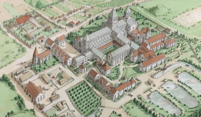 Aerial view drawing of the Priory