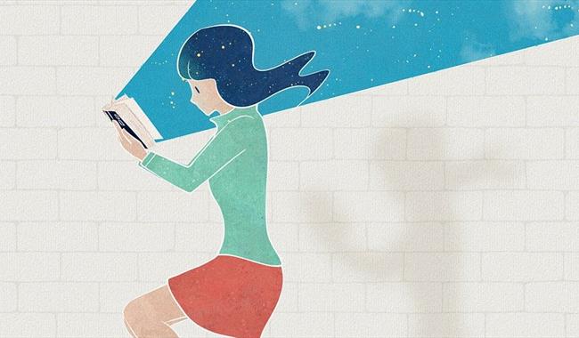 Illustration of girl reading with pages lighting up night sky Illustration of girl reading with pages lighting up night sky