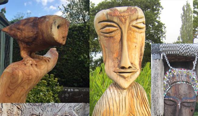 Wooden sculpture and drawing on wood