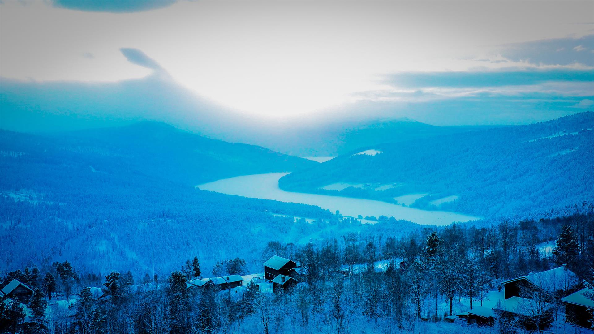 Utsikt utover Espedalen, oversiktsbilde fra Skåbu Fjellhotell