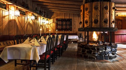 Table decorated for party in the dining room at Fossekroa Restaurant