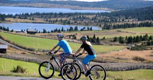 Two bicyclist riding along a mountain road.