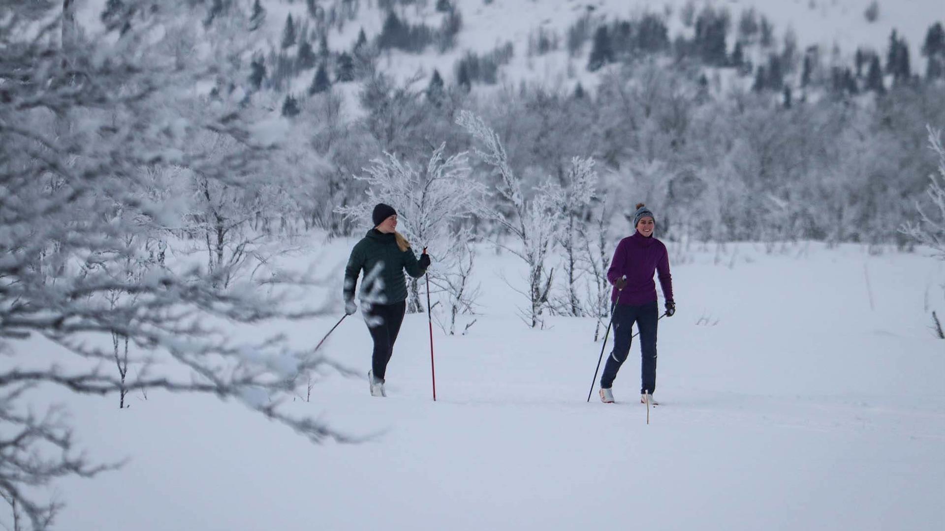 Two young woman enjoy good snow on their cross country skis.