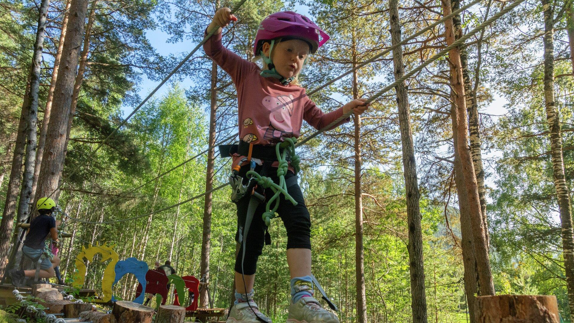 Barn med hjelm og sele i klatrepark blant høye furutrær