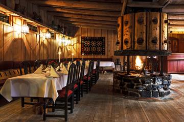 Table decorated for party in the dining room at Fossekroa Restaurant