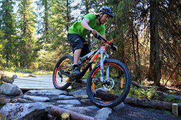 A man bicycling over some stones