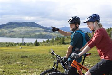 Two mountainbikers enjoying the view over a mountain lake.