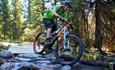 A man bicycling over some stones