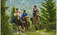 three horses and riders gallop towards the camera