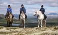 three riders and their horses facing the camera, in the mountains