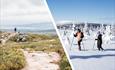 Mountain trail and cross-country skiers in winter landscape