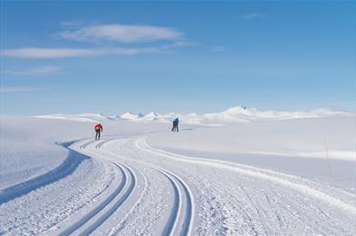 Fjell og langrennsløpere på en dag med blå himmer og sol. Rondane i bakgrunnen. Spidsbergseter Resort Rondane.