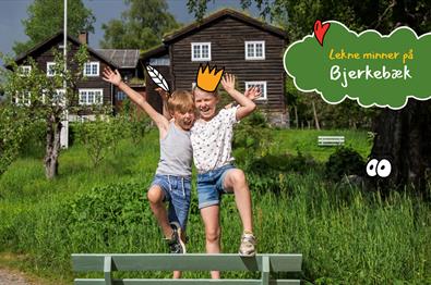 Barn som balanserer på en benk i en hage