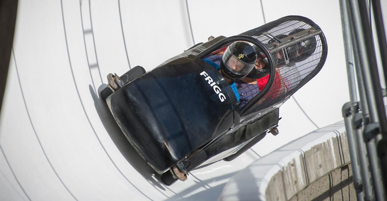 Bobsleigh on wheels in track, Lillehammer Olympic Bob- and Lugetrack.