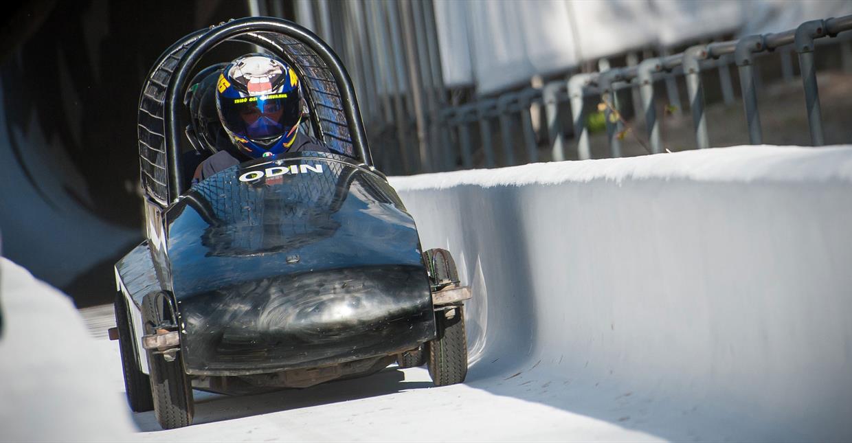 Bobsleigh on wheels, in track at at Lillehammer Olympic Park