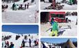 Various photos in a collage with children and adults skiing and relaxing in the skislope. Easter snow and sunshine. Spidsbergseter Resort Rondane.