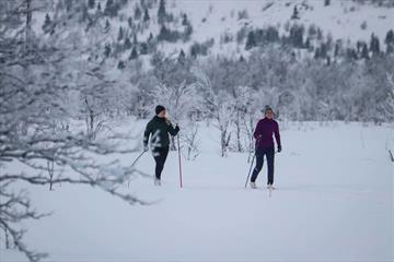 Two young woman enjoy good snow on their cross country skis.