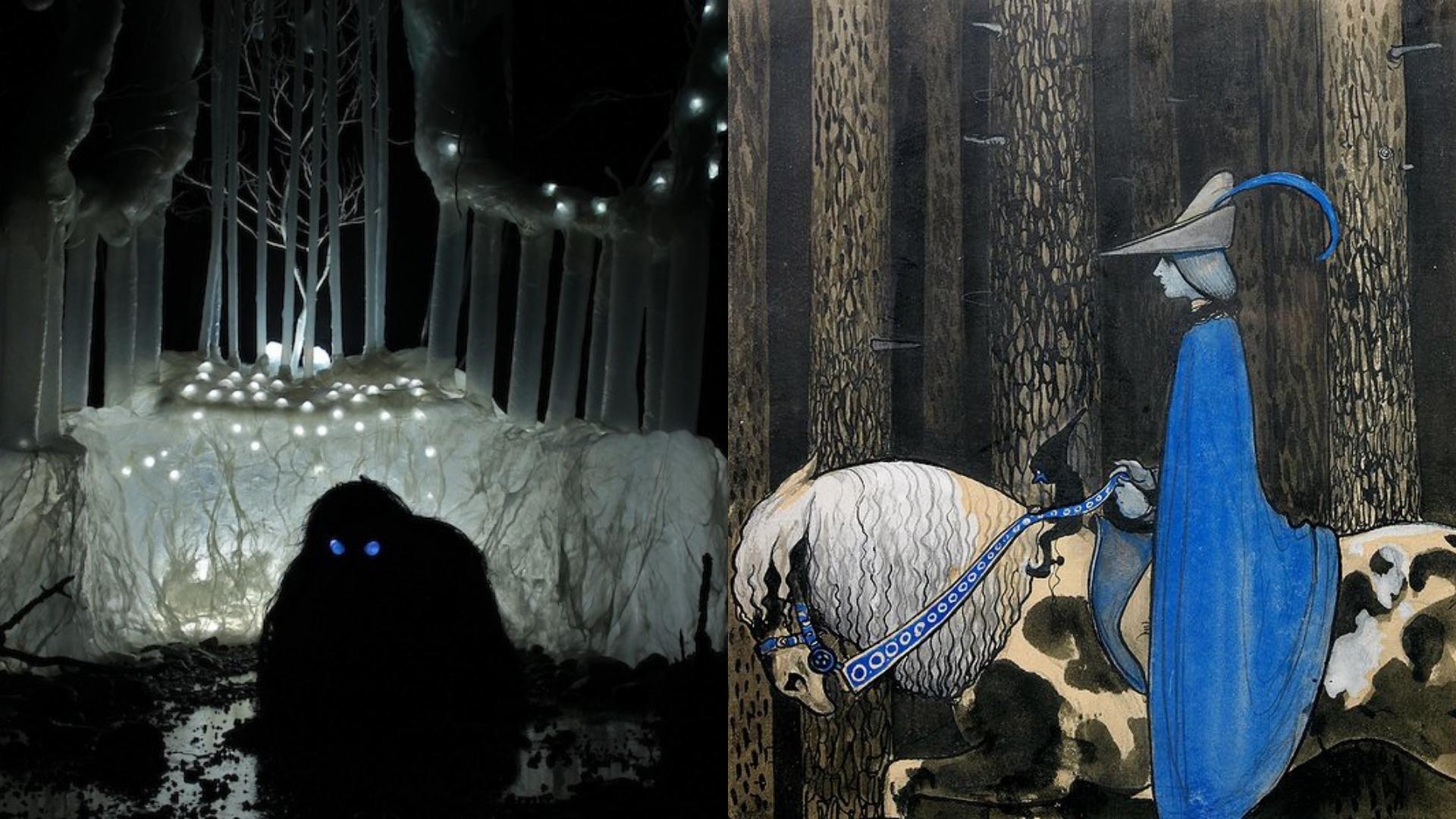 Digitalt bilde av mørk skapning med blå øyne i skogen og tegning av rytter med blå kappe på hest