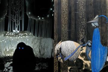 Digitalt bilde av mørk skapning med blå øyne i skogen og tegning av rytter med blå kappe på hest