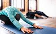 Woman stretching in baby pose during pilates workout at Venabu Fjellhotell