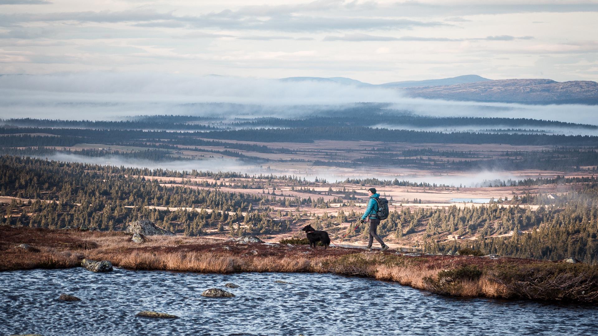 Person by water in a mountain landscape with views Person by water in a mountain landscape with views