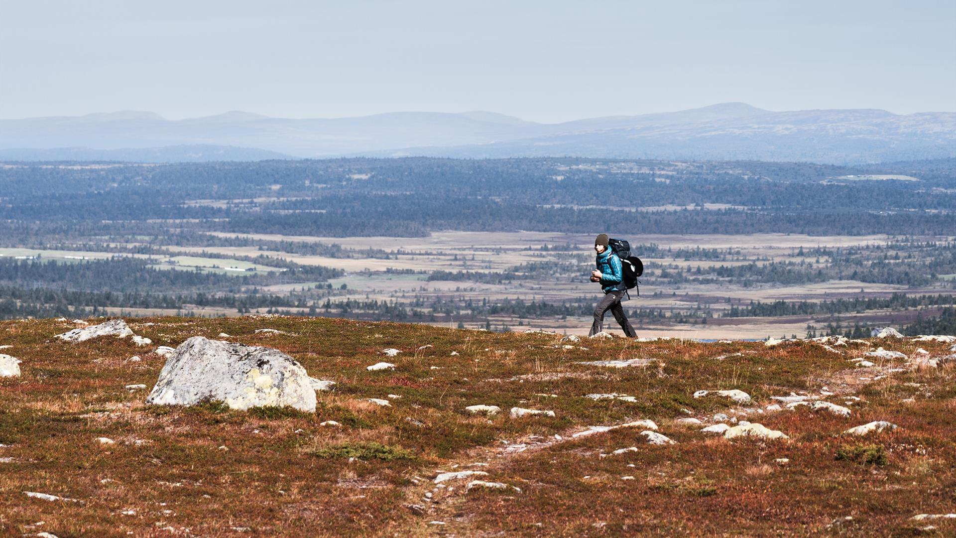 Person auf einem Bergkamm mit Blick auf Tal und Wasser Person auf einem Bergkamm mit Blick auf Tal und Wasser