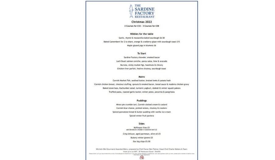 Sardine Factory Christmas Menu Christmas in Looe, Looe Looe