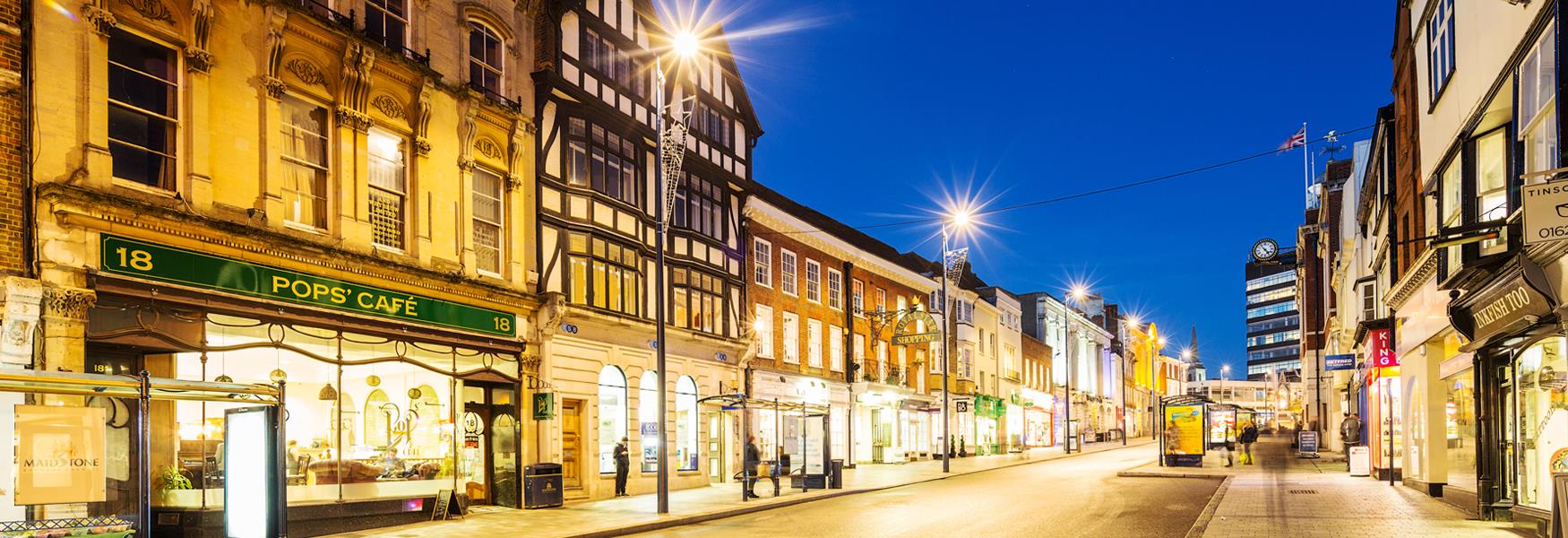 Maidstone High Street as it is getting dark